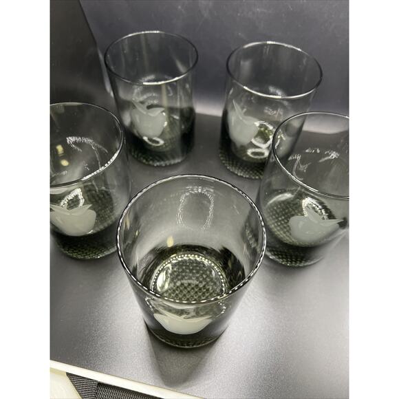 Smoke Gray Lowball Old Fashioned Etched Fruit Juice Barware Whiskey Set Of 5 - Picture 8 of 14